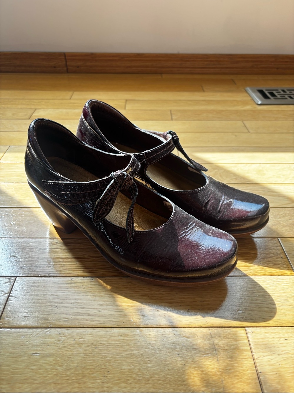 Naot Patent Mary Jane Heels in Deep Burgundy and Black